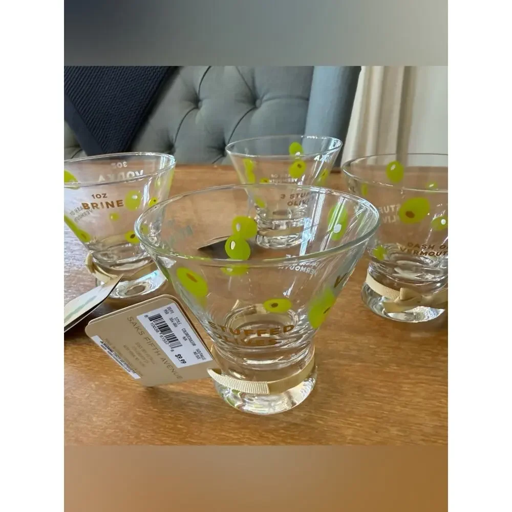 RARE Saks Fifth Ave Martini Glass Set Olive Print 4pc NWT